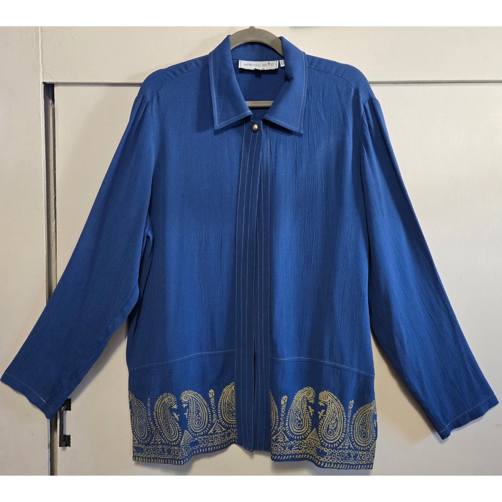 Howard Wolf Vintage Blue Paisley Block Printed Beaded Border 1 Button Jacket M